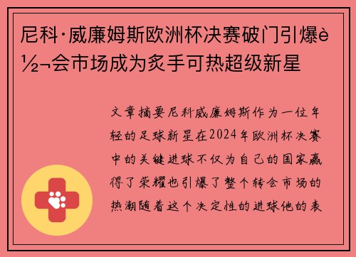 尼科·威廉姆斯欧洲杯决赛破门引爆转会市场成为炙手可热超级新星 尼科·威廉姆斯欧洲杯决赛破门引爆转会市场成为炙手可热超级新星