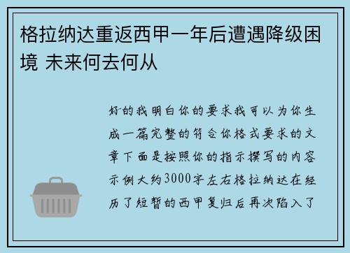 格拉纳达重返西甲一年后遭遇降级困境 未来何去何从